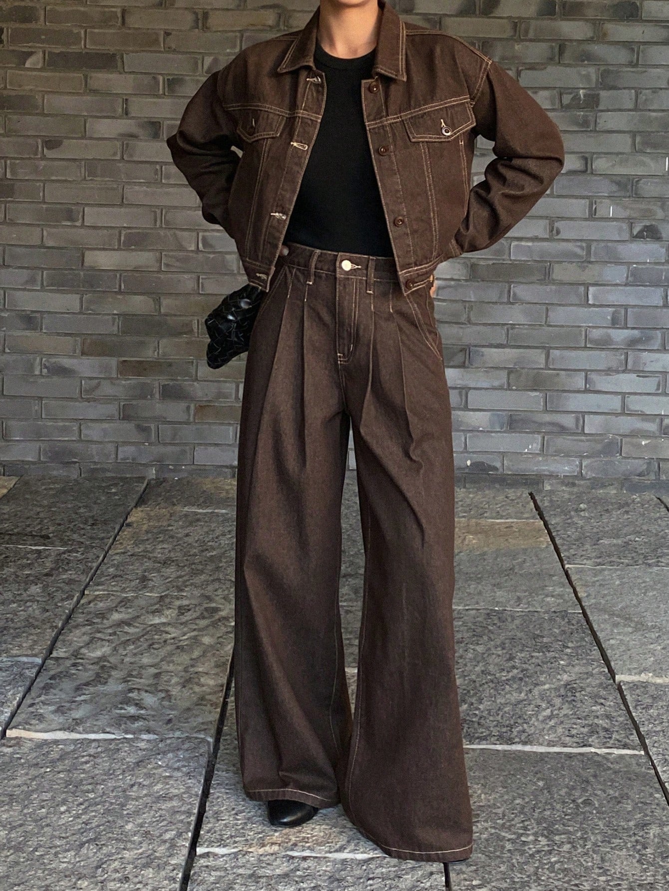 CM-SS260020 Women Casual Seoul Style Color Blocking Faux Pocket Jacket With Wide Leg Jeans - Set