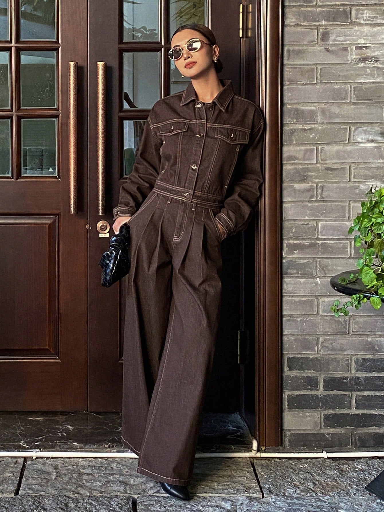 CM-SS260020 Women Casual Seoul Style Color Blocking Faux Pocket Jacket With Wide Leg Jeans - Set