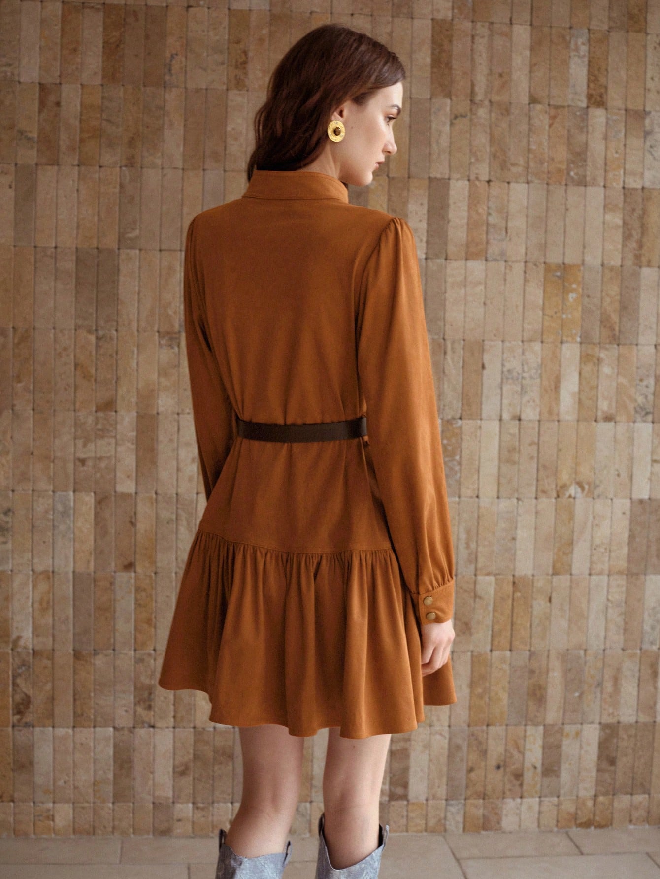 CM-DS121113 Women Elegant Seoul Style Stand Collar Long Sleeve Suedette Button Front Ruffle Hem Belted Dress