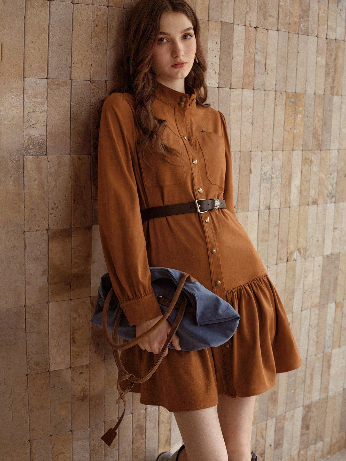 CM-DS121113 Women Elegant Seoul Style Stand Collar Long Sleeve Suedette Button Front Ruffle Hem Belted Dress