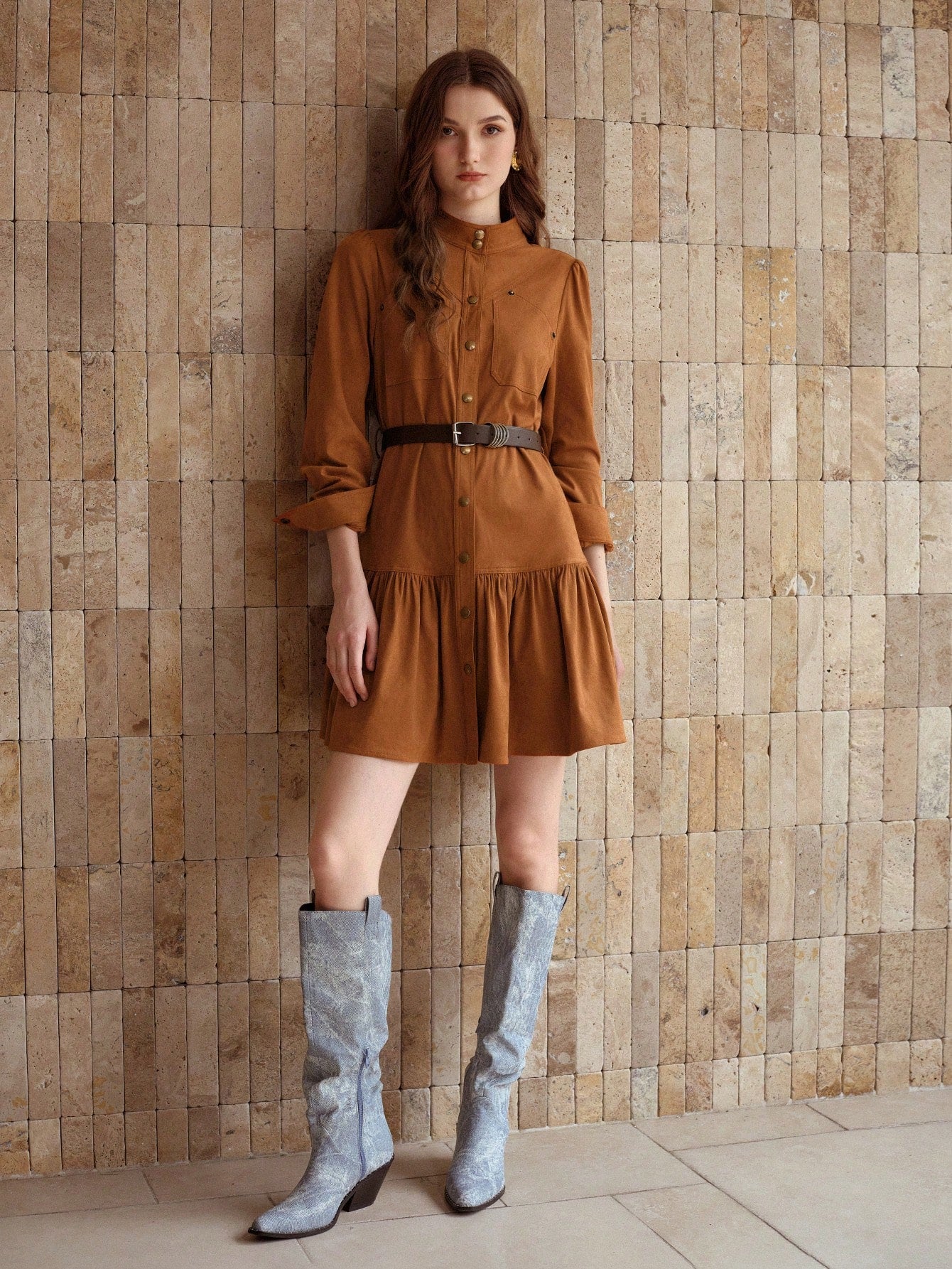 CM-DS121113 Women Elegant Seoul Style Stand Collar Long Sleeve Suedette Button Front Ruffle Hem Belted Dress