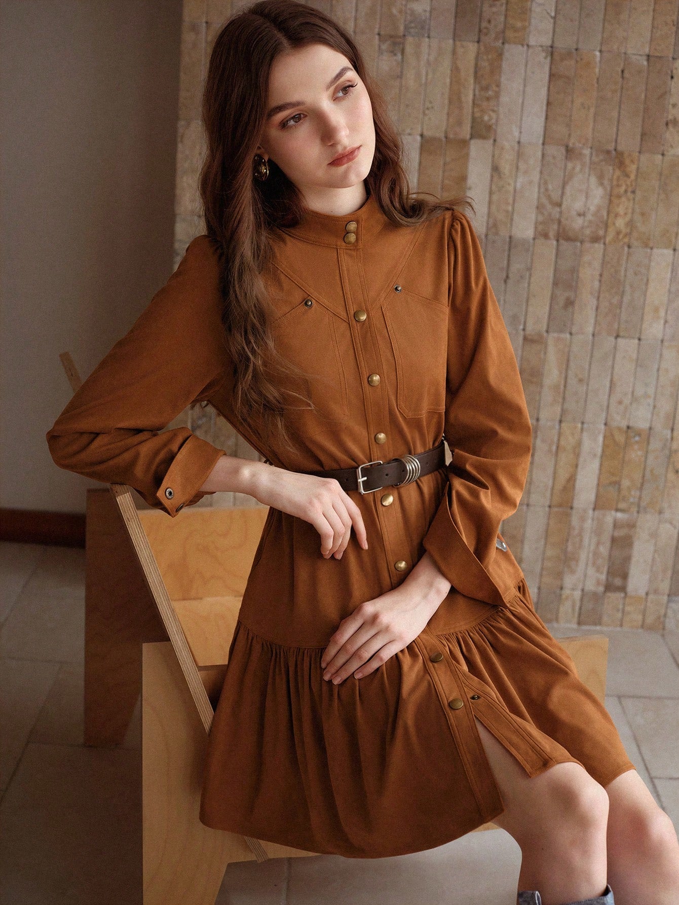 CM-DS121113 Women Elegant Seoul Style Stand Collar Long Sleeve Suedette Button Front Ruffle Hem Belted Dress