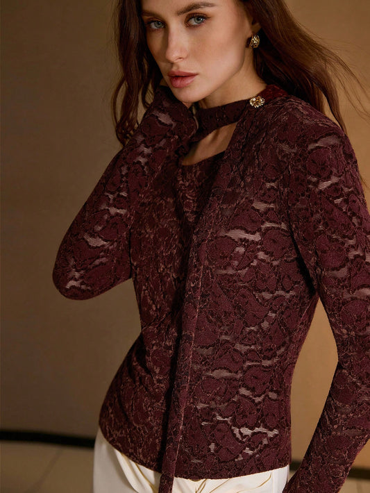 CM-TS201158 Women Elegant Seoul Style Stand Collar Long Sleeve Hollow Asymmetric Hem Velvet Lace Top - Burgundy