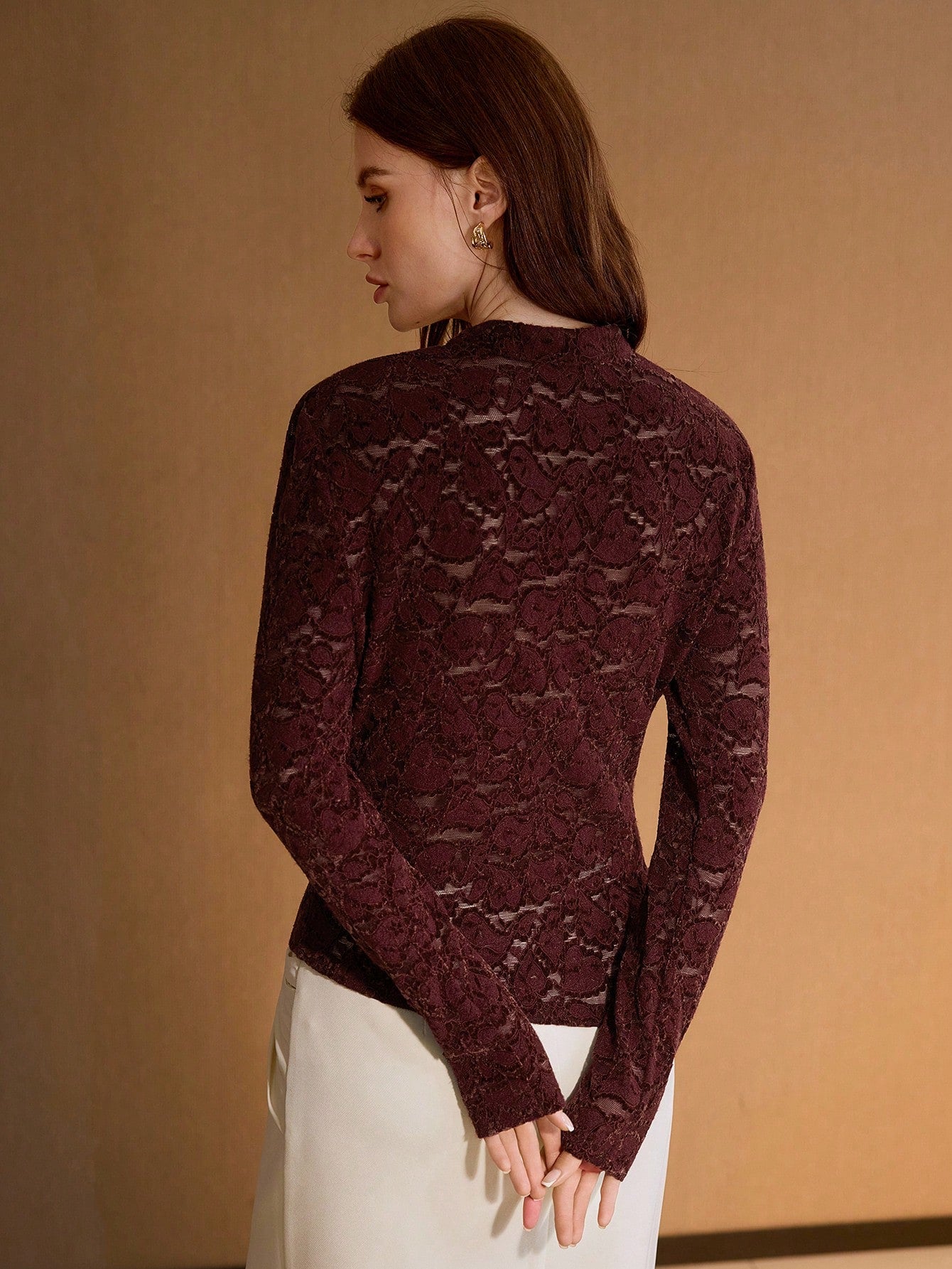 CM-TS201158 Women Elegant Seoul Style Stand Collar Long Sleeve Hollow Asymmetric Hem Velvet Lace Top - Burgundy