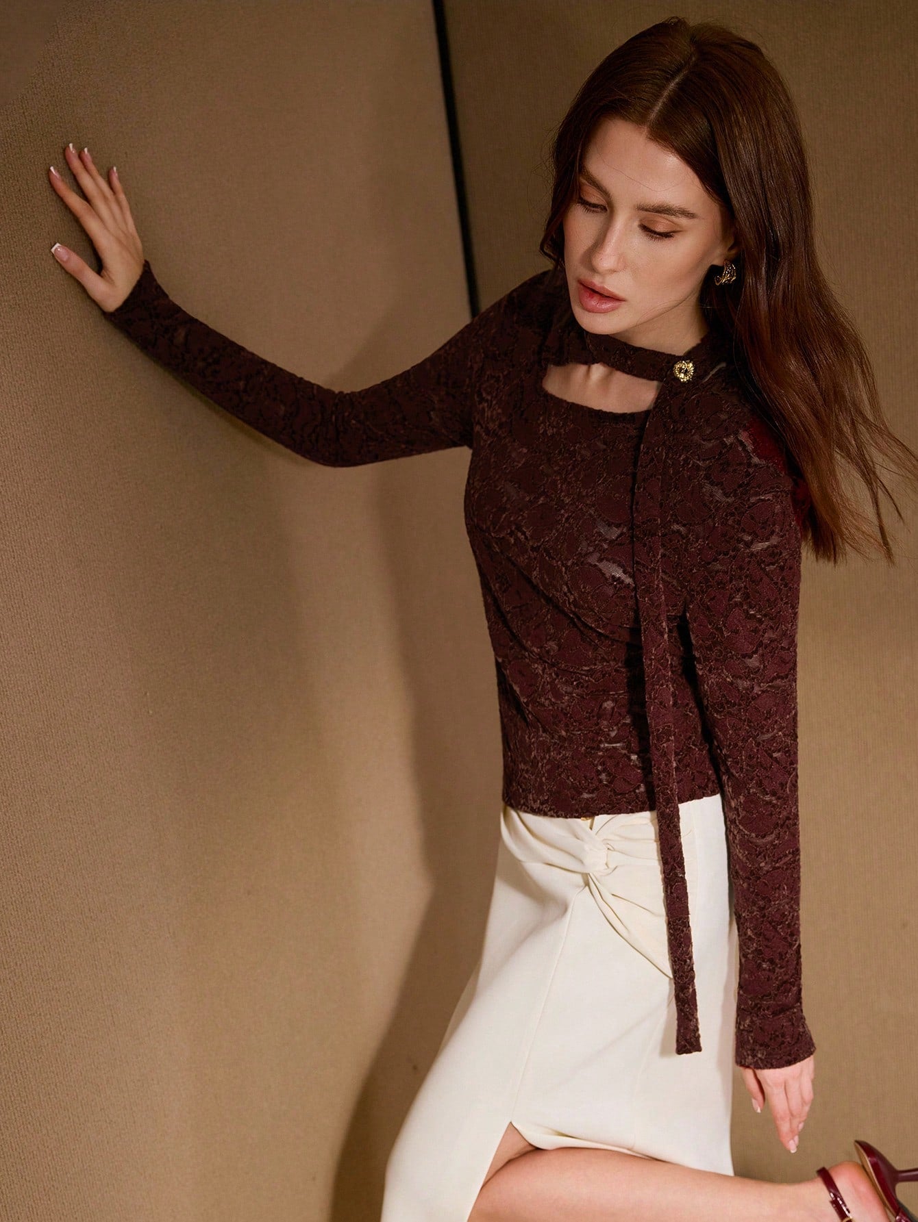 CM-TS201158 Women Elegant Seoul Style Stand Collar Long Sleeve Hollow Asymmetric Hem Velvet Lace Top - Burgundy