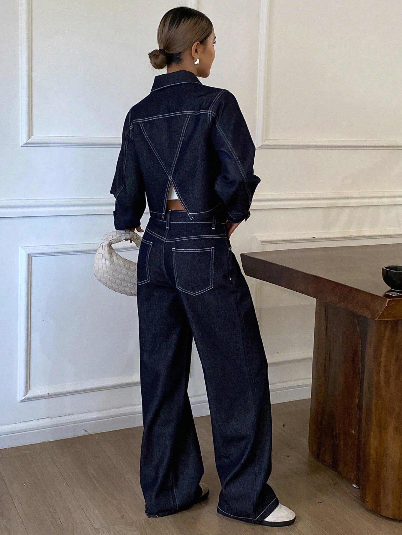 CM-SS696710 Women Casual Seoul Style Collared Long Sleeve Denim Jacket With Wide Leg Pants - Set