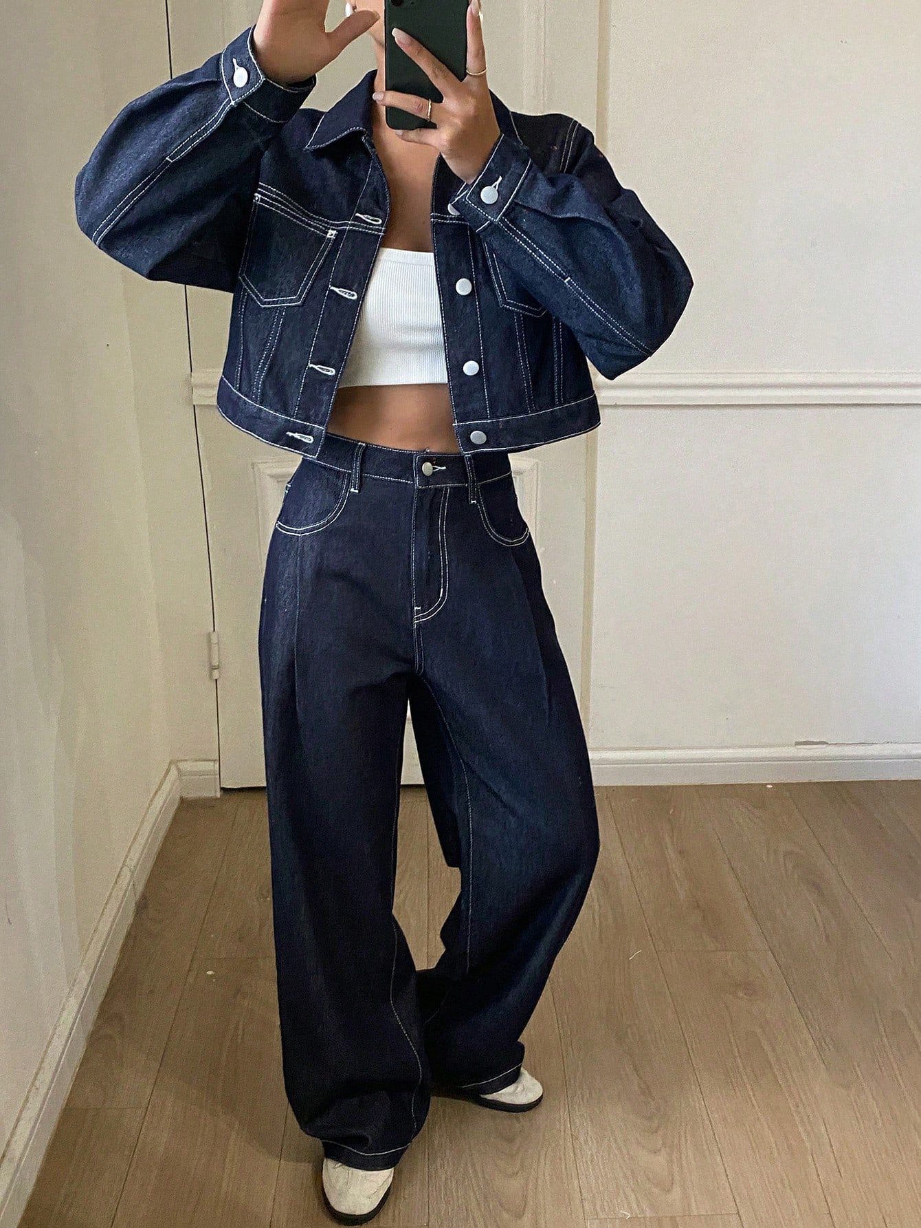 CM-SS696710 Women Casual Seoul Style Collared Long Sleeve Denim Jacket With Wide Leg Pants - Set