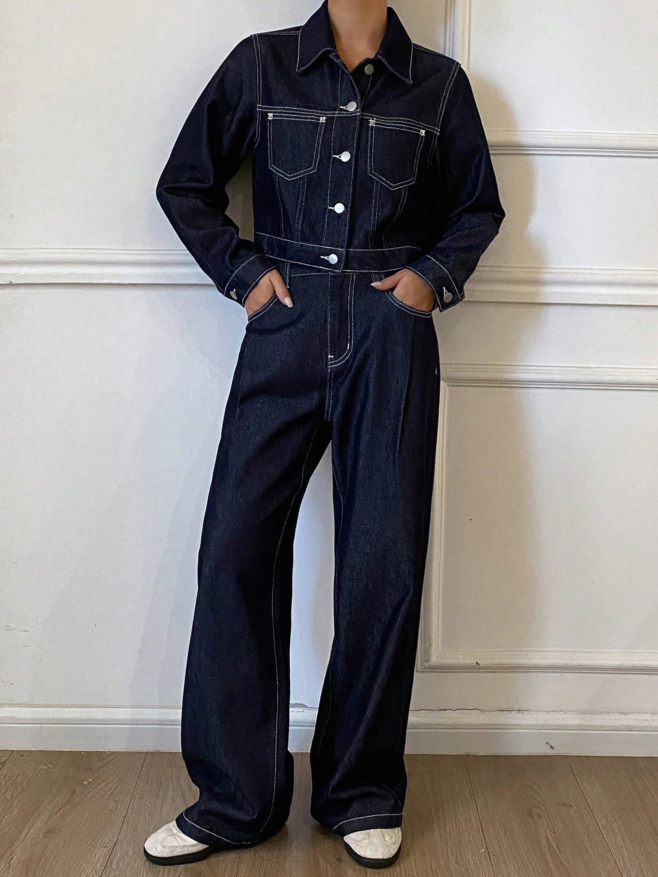 CM-SS696710 Women Casual Seoul Style Collared Long Sleeve Denim Jacket With Wide Leg Pants - Set