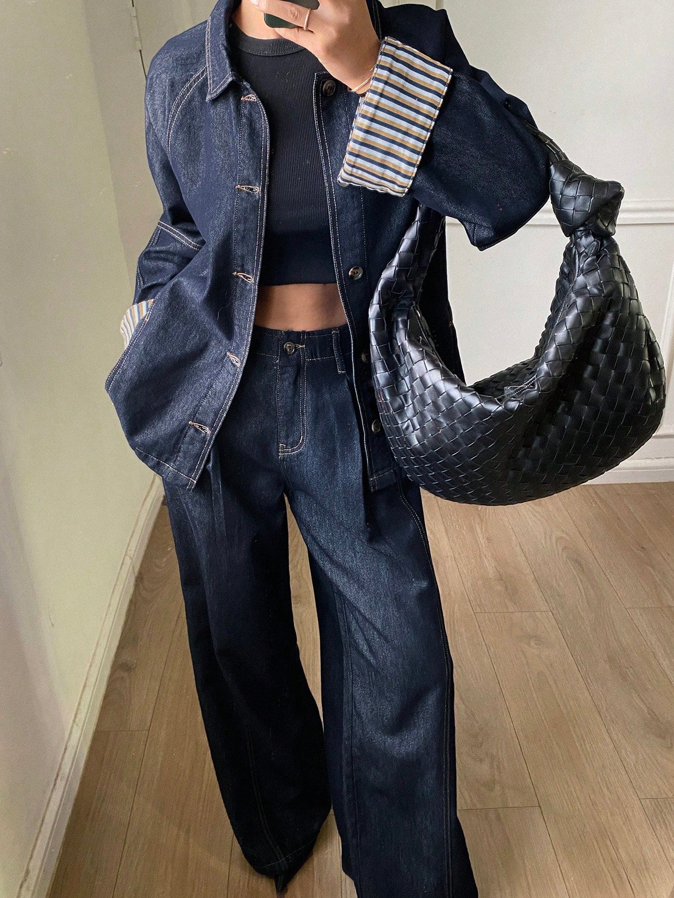 CM-SS689293 Women Casual Seoul Style Striped Cuff Patchwork Denim Jacket With Long Pants - Set