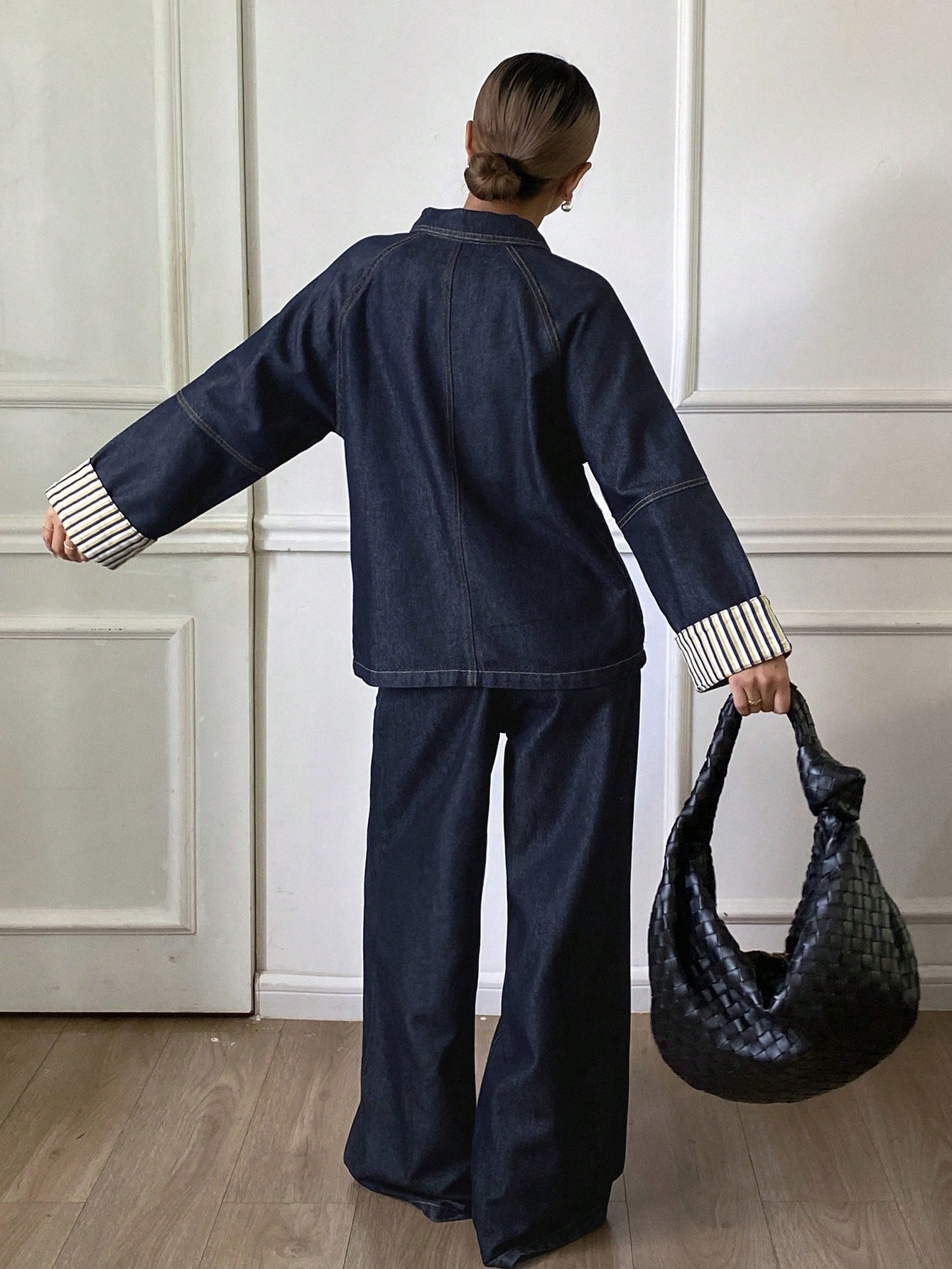 CM-SS689293 Women Casual Seoul Style Striped Cuff Patchwork Denim Jacket With Long Pants - Set