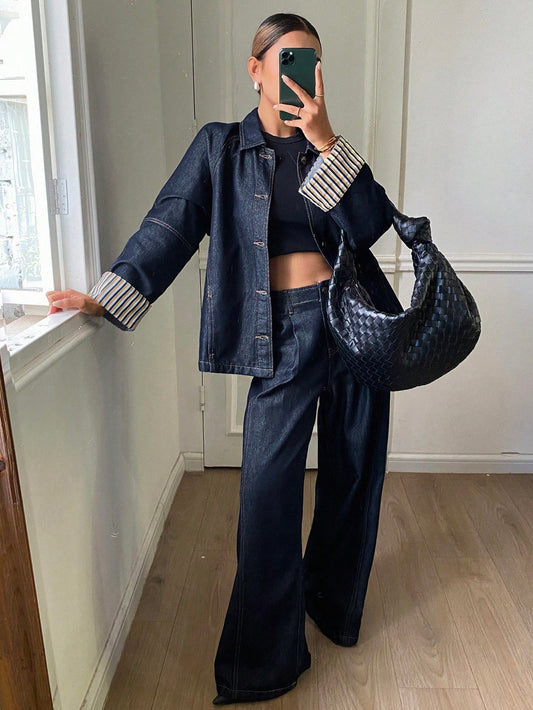 CM-SS689293 Women Casual Seoul Style Striped Cuff Patchwork Denim Jacket With Long Pants - Set