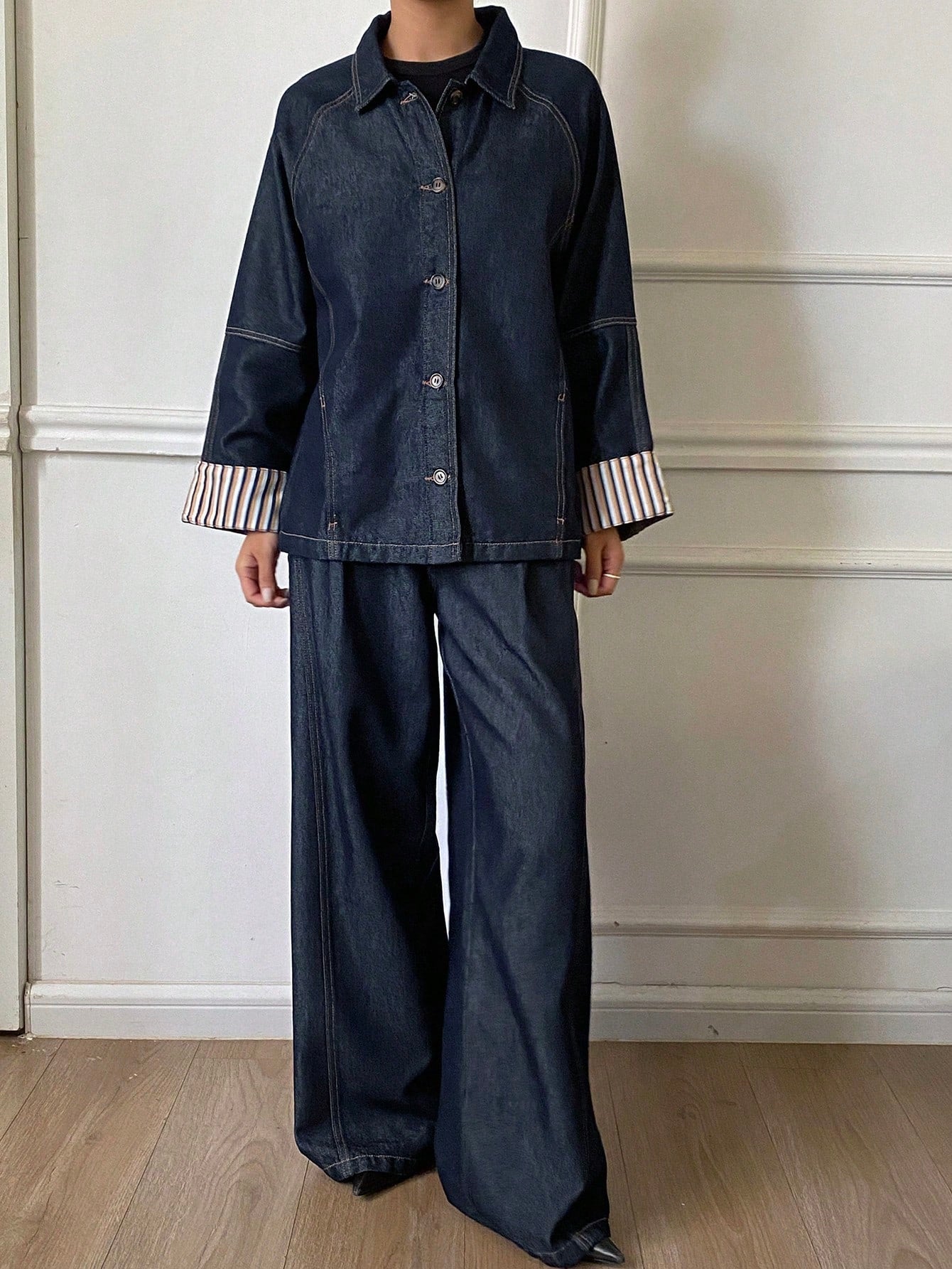 CM-SS689293 Women Casual Seoul Style Striped Cuff Patchwork Denim Jacket With Long Pants - Set