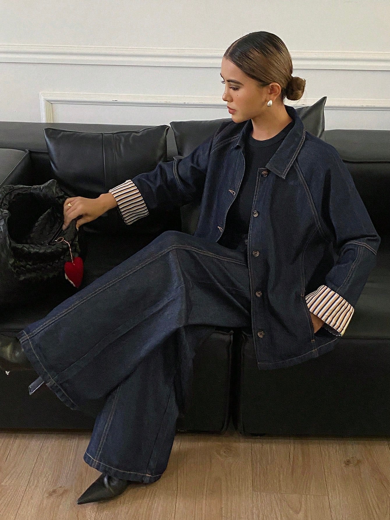 CM-SS689293 Women Casual Seoul Style Striped Cuff Patchwork Denim Jacket With Long Pants - Set