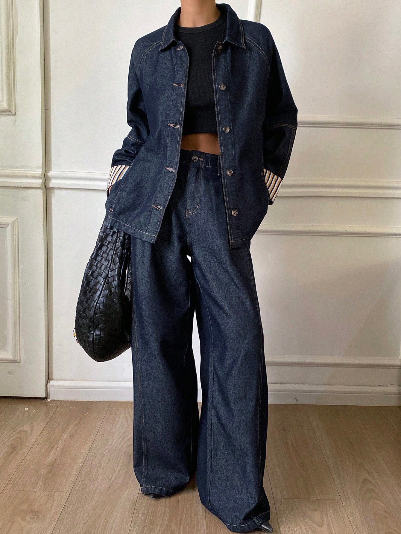 CM-SS689293 Women Casual Seoul Style Striped Cuff Patchwork Denim Jacket With Long Pants - Set