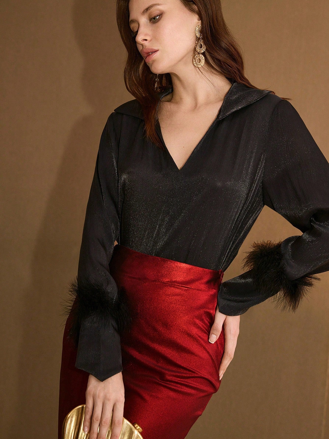 CM-TS436335 Women Elegant Elegant Seoul Style V-Collar Loose Fit Feather Decor Asymmetric Cuff Glossy Satin Blouse