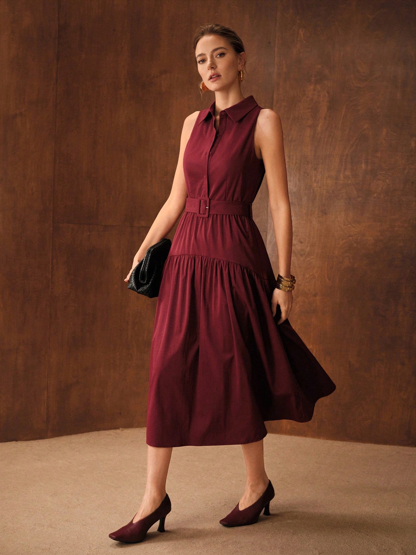 CM-DS222833 Women Elegant Seoul Style Collar Neckline Sleeveless Half Button Ruffle Hem A-Line Midi Dress - Red
