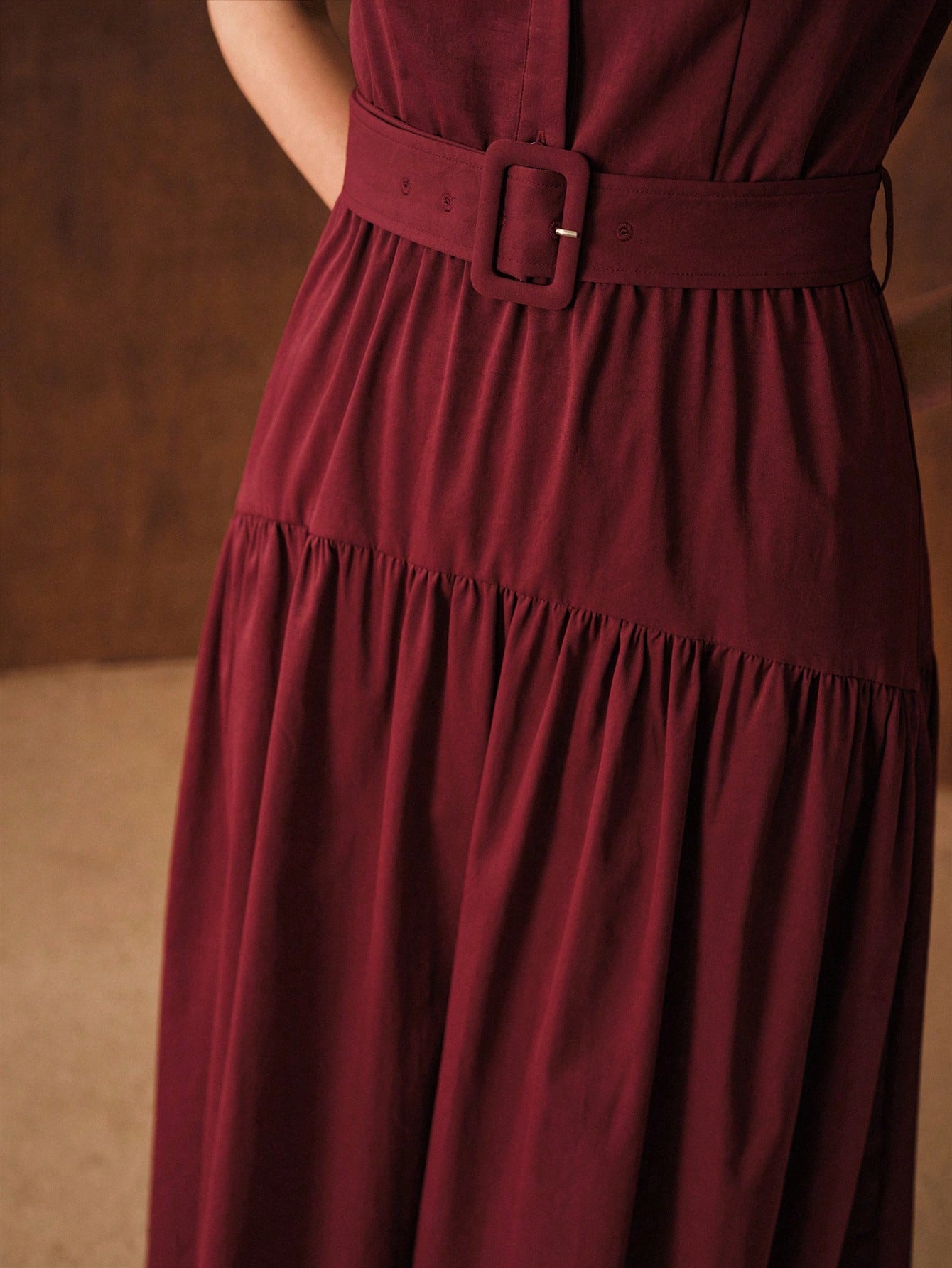 CM-DS222833 Women Elegant Seoul Style Collar Neckline Sleeveless Half Button Ruffle Hem A-Line Midi Dress - Red