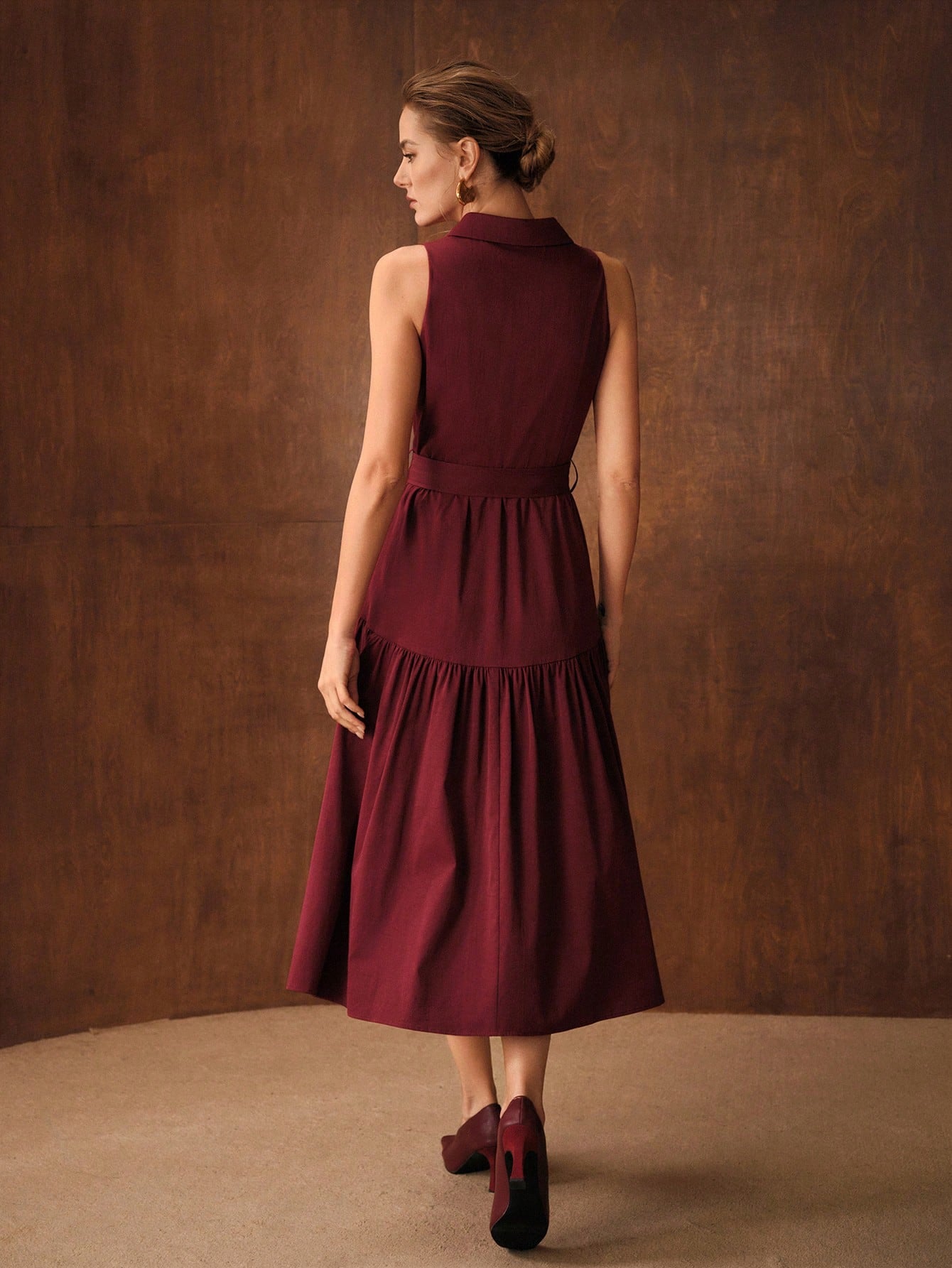 CM-DS222833 Women Elegant Seoul Style Collar Neckline Sleeveless Half Button Ruffle Hem A-Line Midi Dress - Red