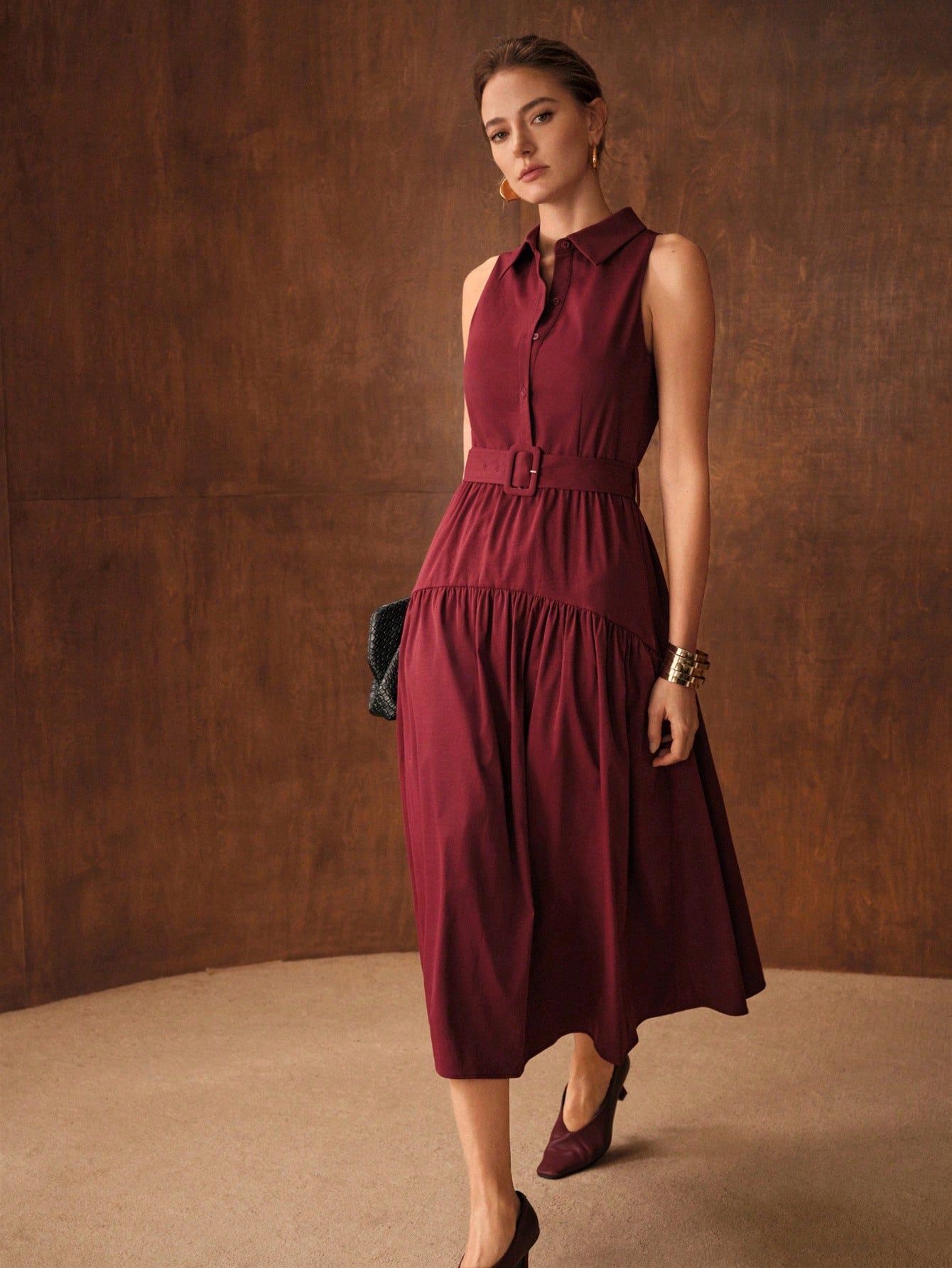 CM-DS222833 Women Elegant Seoul Style Collar Neckline Sleeveless Half Button Ruffle Hem A-Line Midi Dress - Red