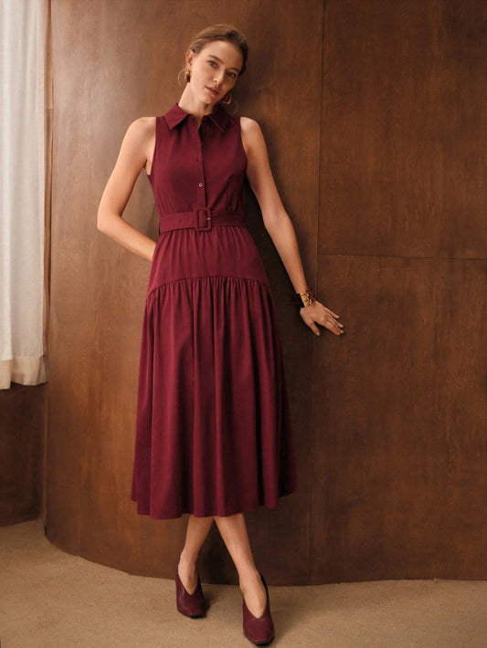 CM-DS222833 Women Elegant Seoul Style Collar Neckline Sleeveless Half Button Ruffle Hem A-Line Midi Dress - Red
