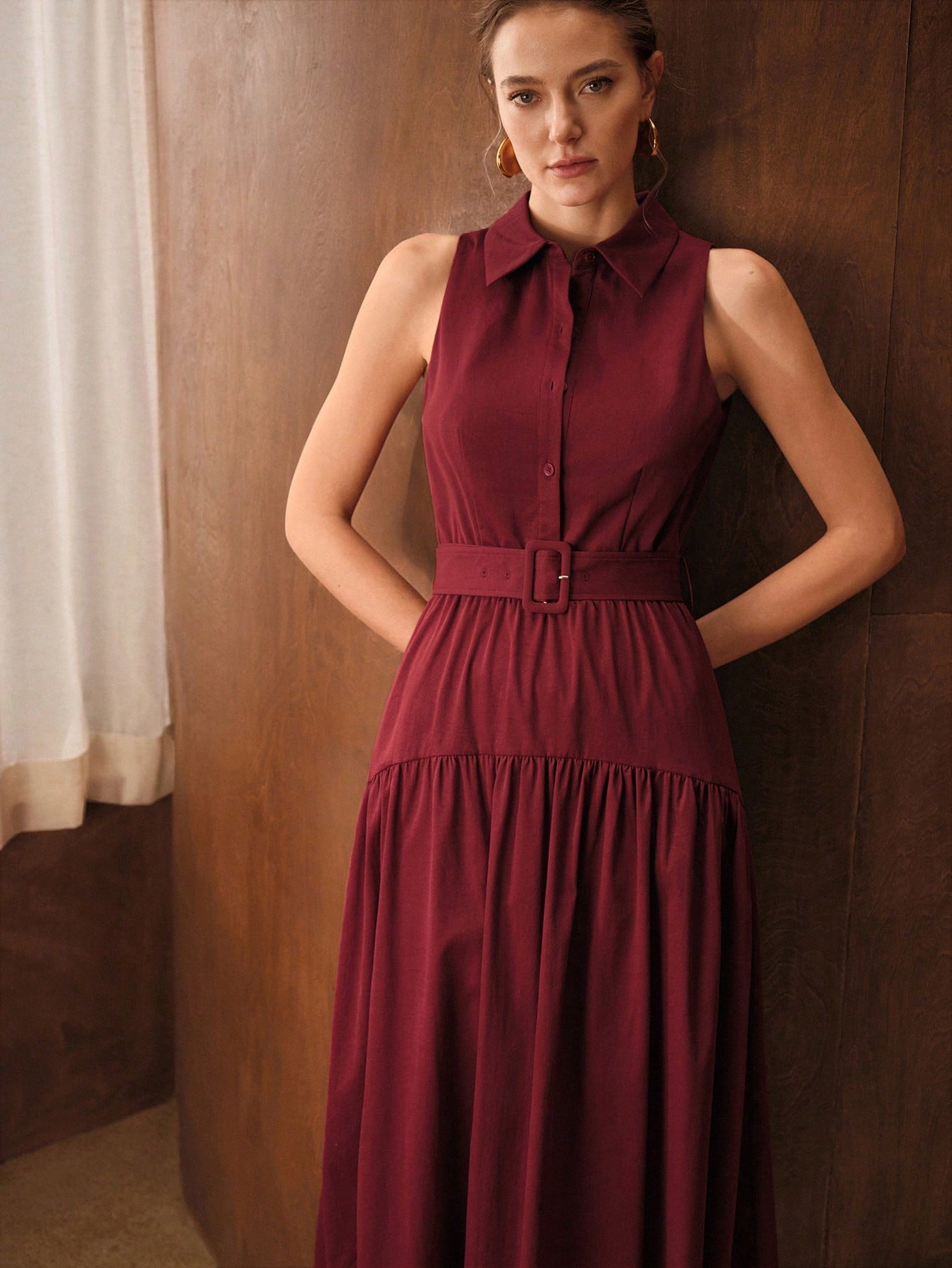 CM-DS222833 Women Elegant Seoul Style Collar Neckline Sleeveless Half Button Ruffle Hem A-Line Midi Dress - Red