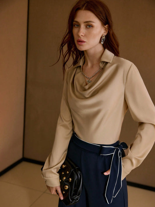 CM-TS464691 Women Elegant Seoul Style Collar Neckline Long Sleeve Chain Decor Shirt - Khaki