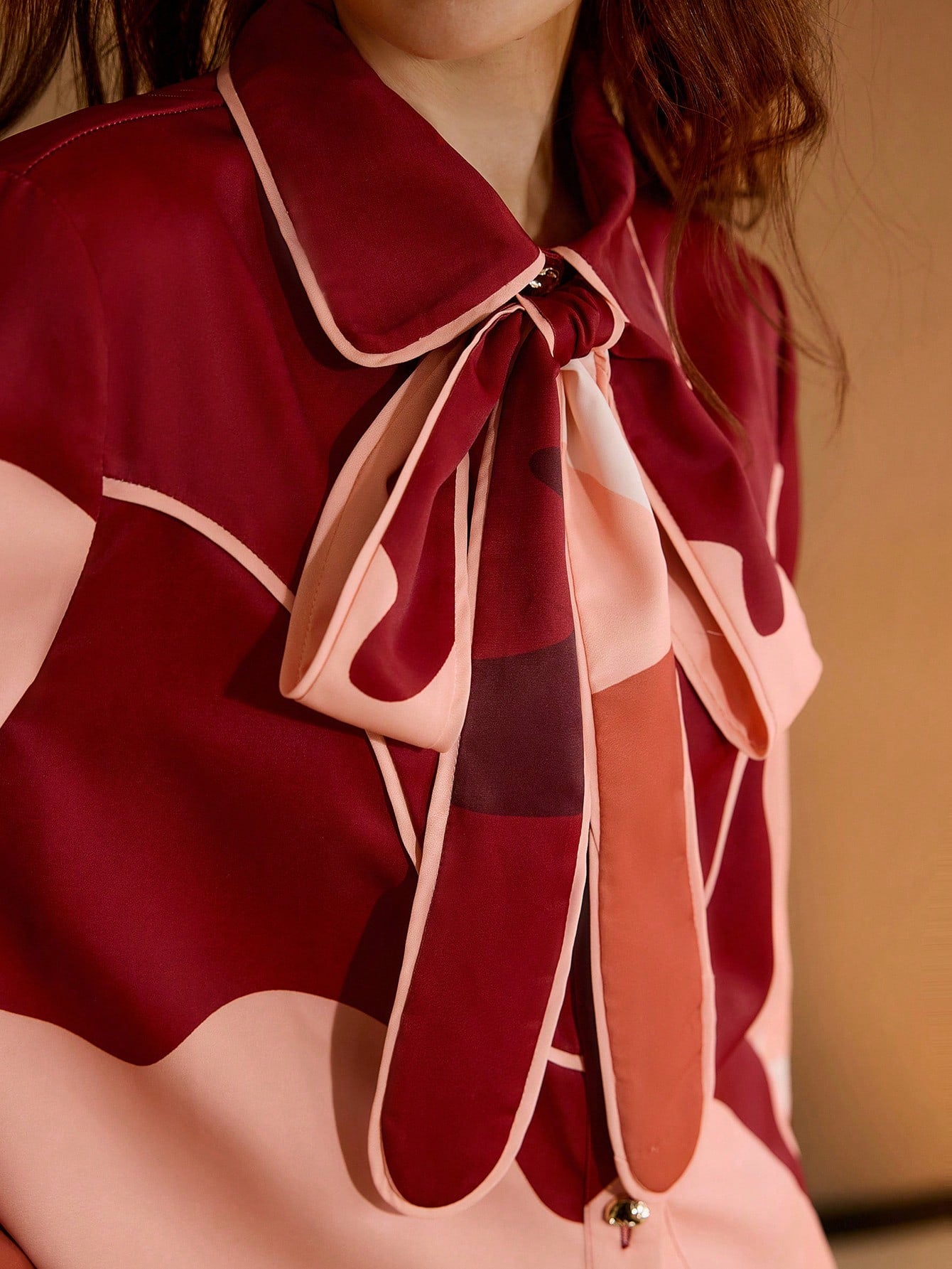 CM-TS026029 Women Elegant Seoul Style Colorblock Tie Neck Bell Sleeve Blouse