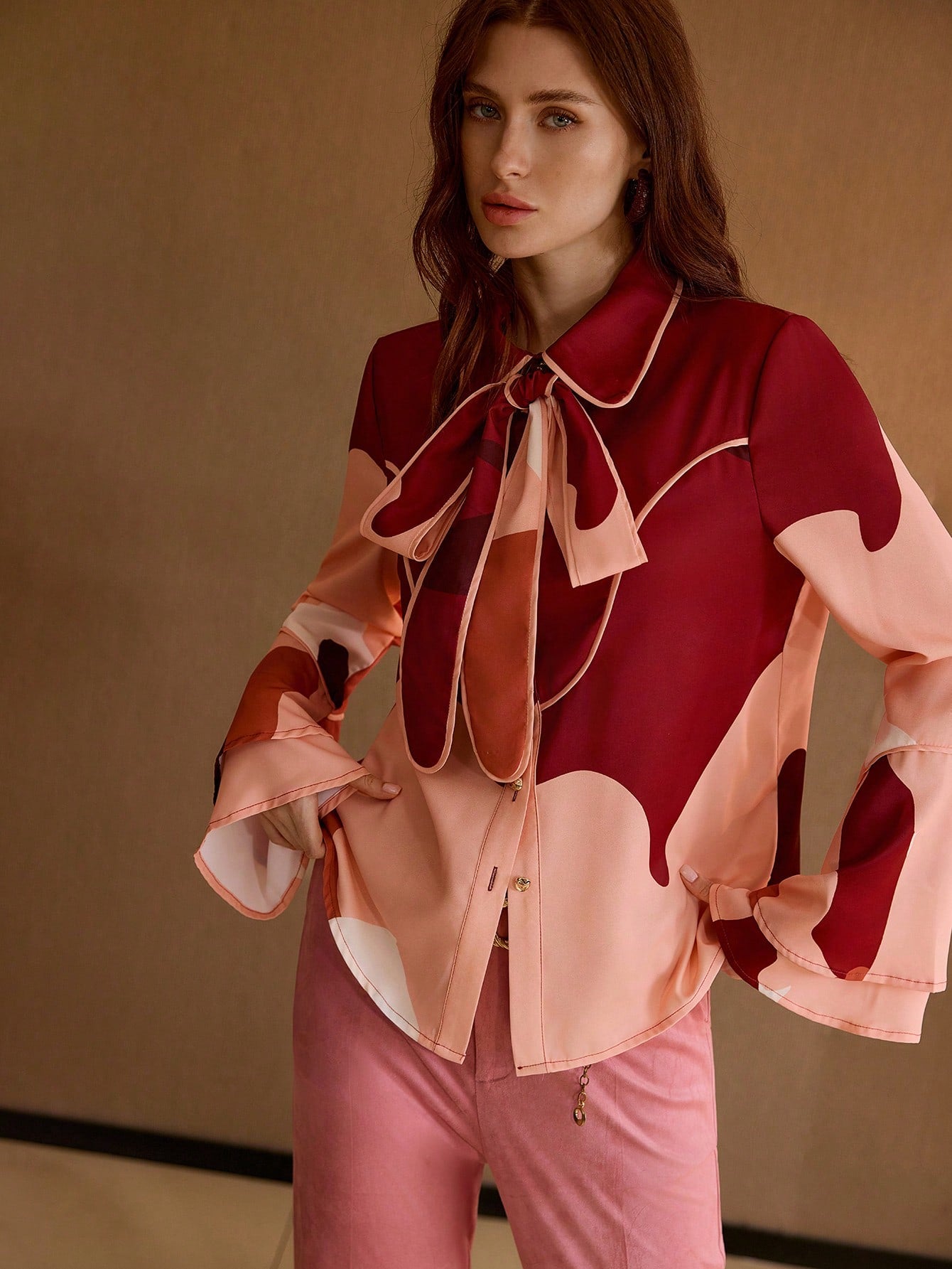 CM-TS026029 Women Elegant Seoul Style Colorblock Tie Neck Bell Sleeve Blouse