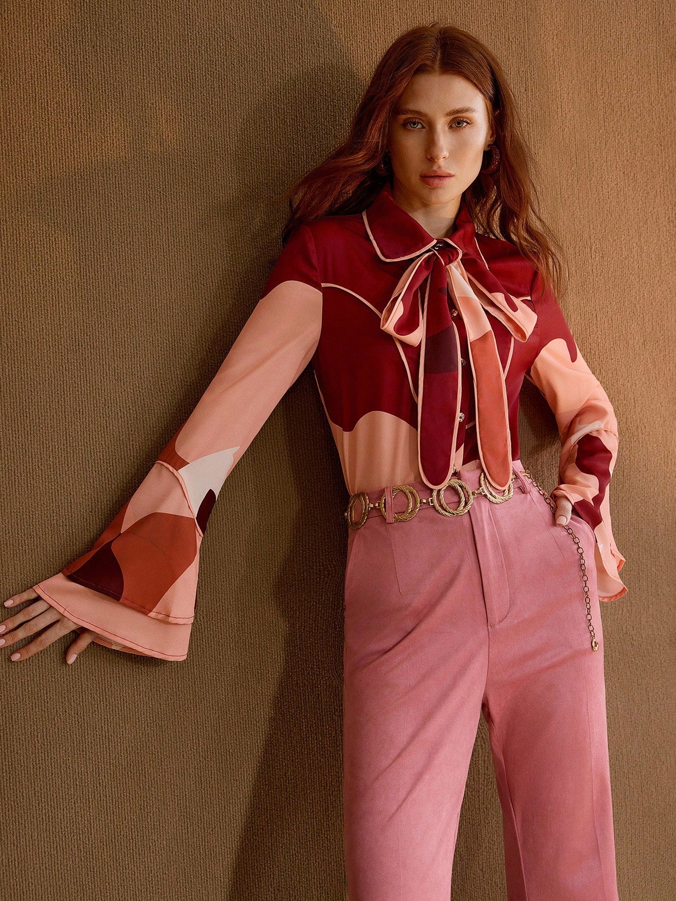 CM-TS026029 Women Elegant Seoul Style Colorblock Tie Neck Bell Sleeve Blouse