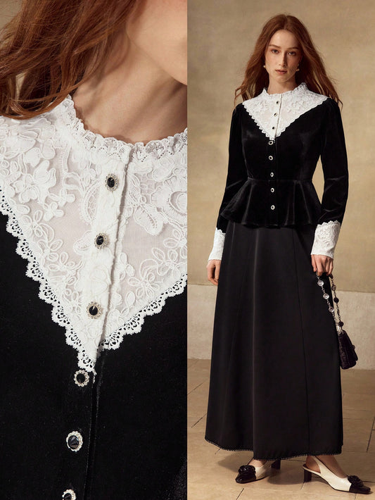 CM-TS495294 Women Elegant Seoul Style Stand Collar Long Sleeve Velvet Contrast Lace Blouse - Black