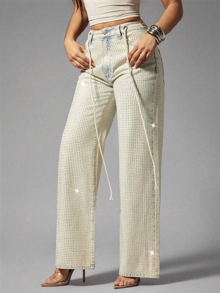 CM-BS239454 Women Elegant Seoul Style High Waist Pocketed Button Rhinestone Embellished Wide Leg Jeans