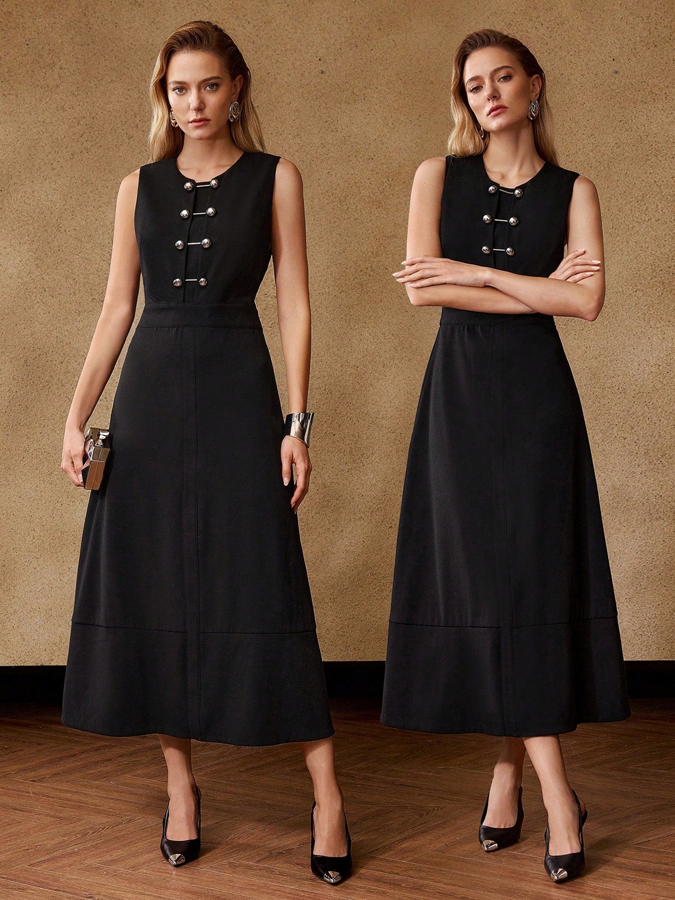CM-DS461866 Women Elegant Seoul Style Round Neck Sleeveless Metal Button Decorated Midi Dress - Black