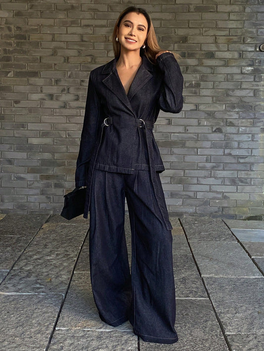 CM-SS445675 Women Casual Seoul Style Dark Wash Collar Neckline Waist Cinching Denim Jacket With Loose Wide Leg Jeans - Set