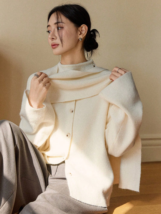CM-CS261613 Women Elegant Seoul Style Solid Color High Neck Long Sleeve Single Breasted Jacket - White