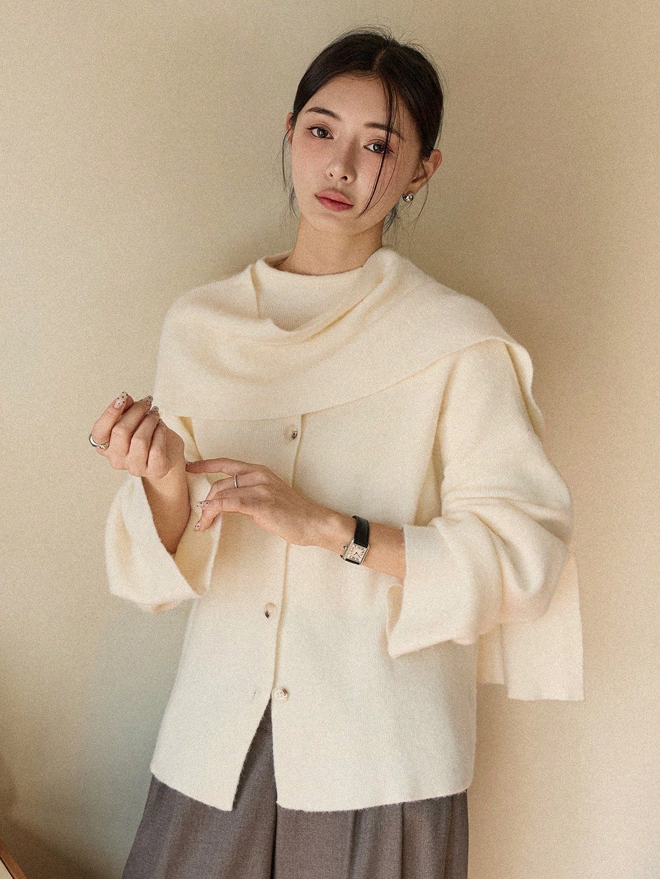 CM-CS261613 Women Elegant Seoul Style Solid Color High Neck Long Sleeve Single Breasted Jacket - White