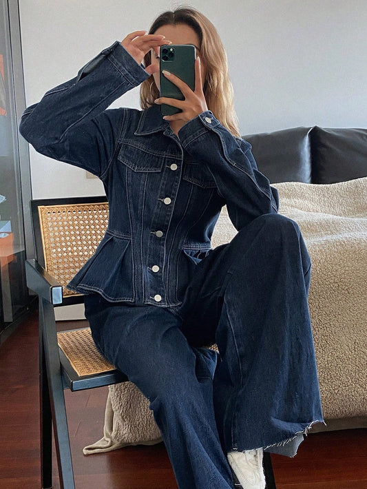 CM-SS190532 Women Casual Seoul Style Collar Neckline Long Sleeve Denim Jacket With Pants - Set