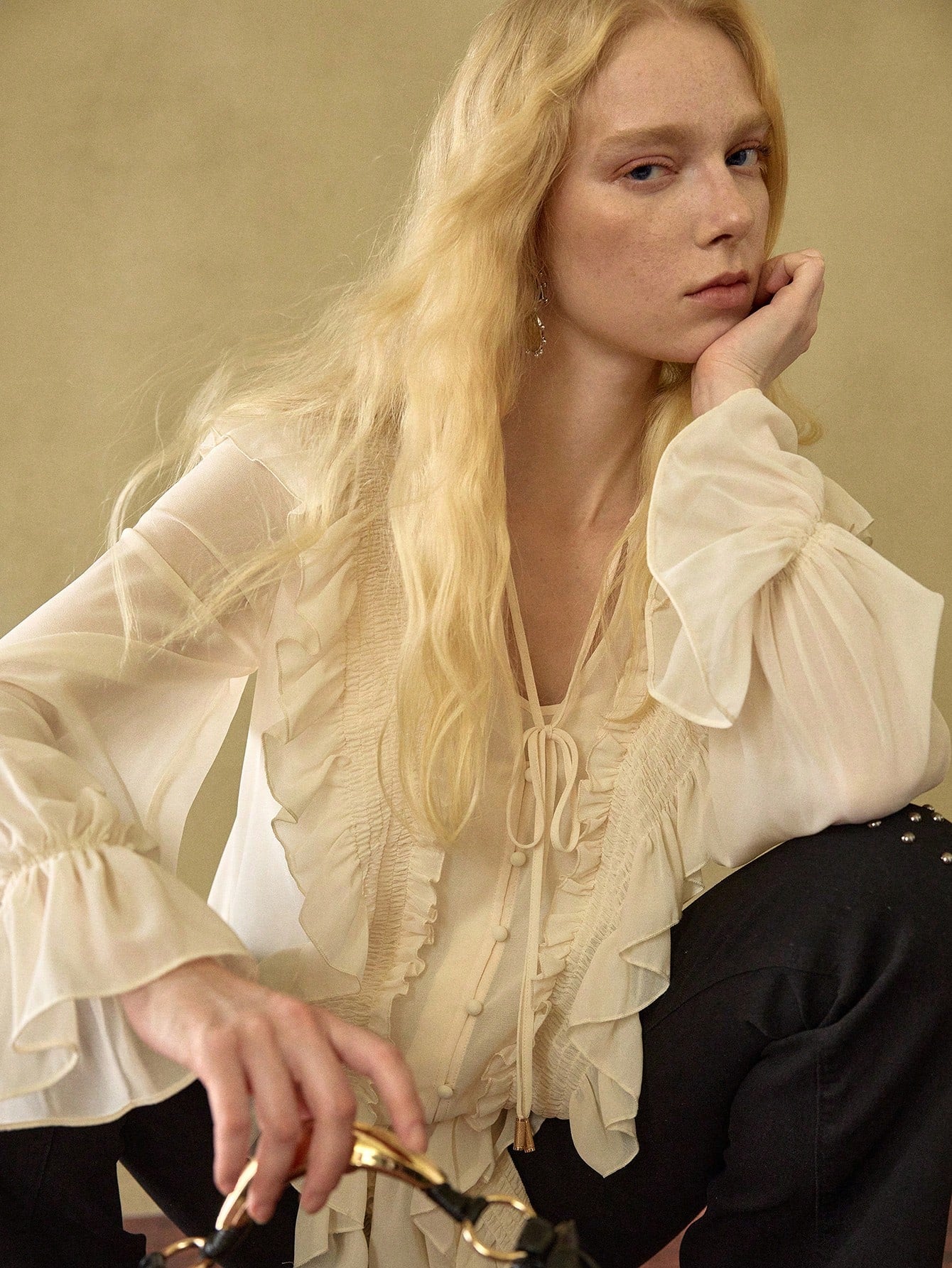 CM-TS921296 Women Elegant Seoul Style Chiffon Ruffle Tie Front Loose Fit Long Sleeve Blouse - Beige