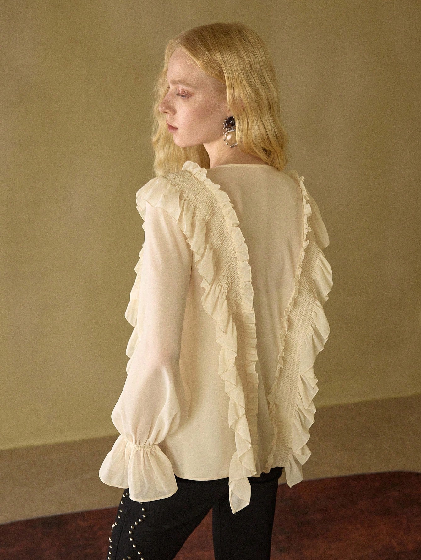 CM-TS921296 Women Elegant Seoul Style Chiffon Ruffle Tie Front Loose Fit Long Sleeve Blouse - Beige