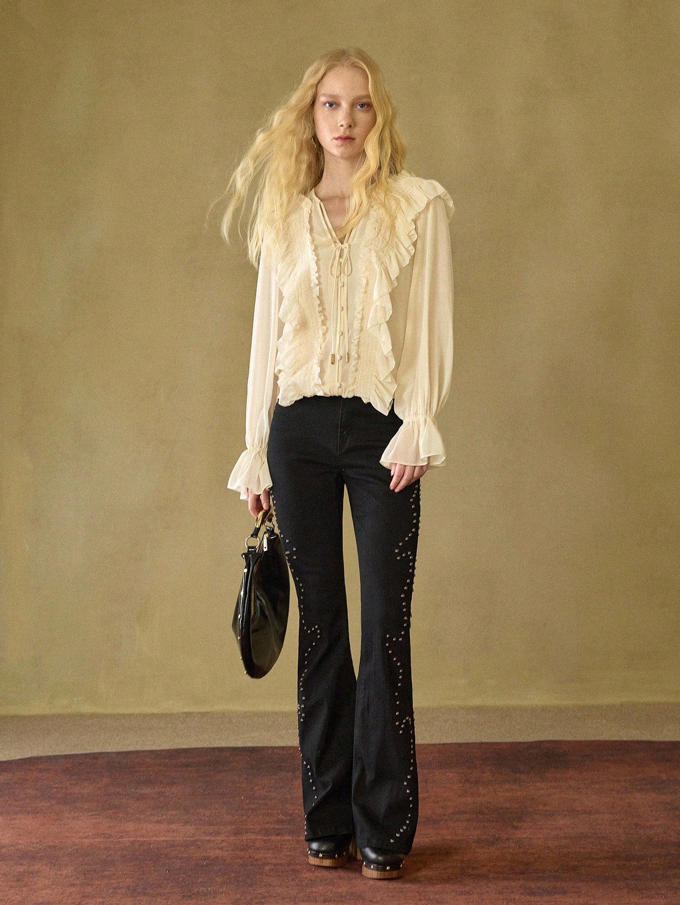 CM-TS921296 Women Elegant Seoul Style Chiffon Ruffle Tie Front Loose Fit Long Sleeve Blouse - Beige