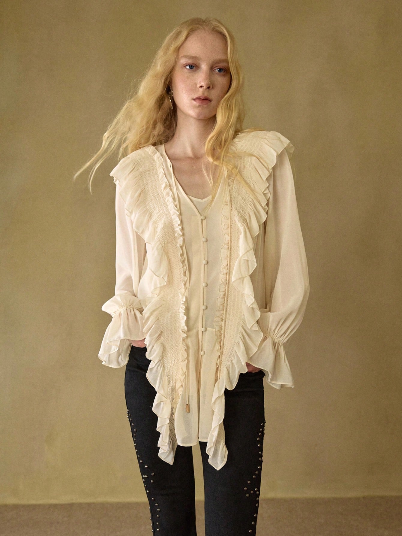 CM-TS921296 Women Elegant Seoul Style Chiffon Ruffle Tie Front Loose Fit Long Sleeve Blouse - Beige