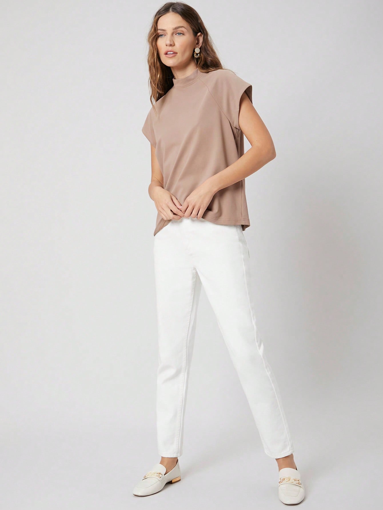 CM-TS420916 Women Casual Seoul Style Stand Collar Raglan Sleeve T-Shirt - Khaki