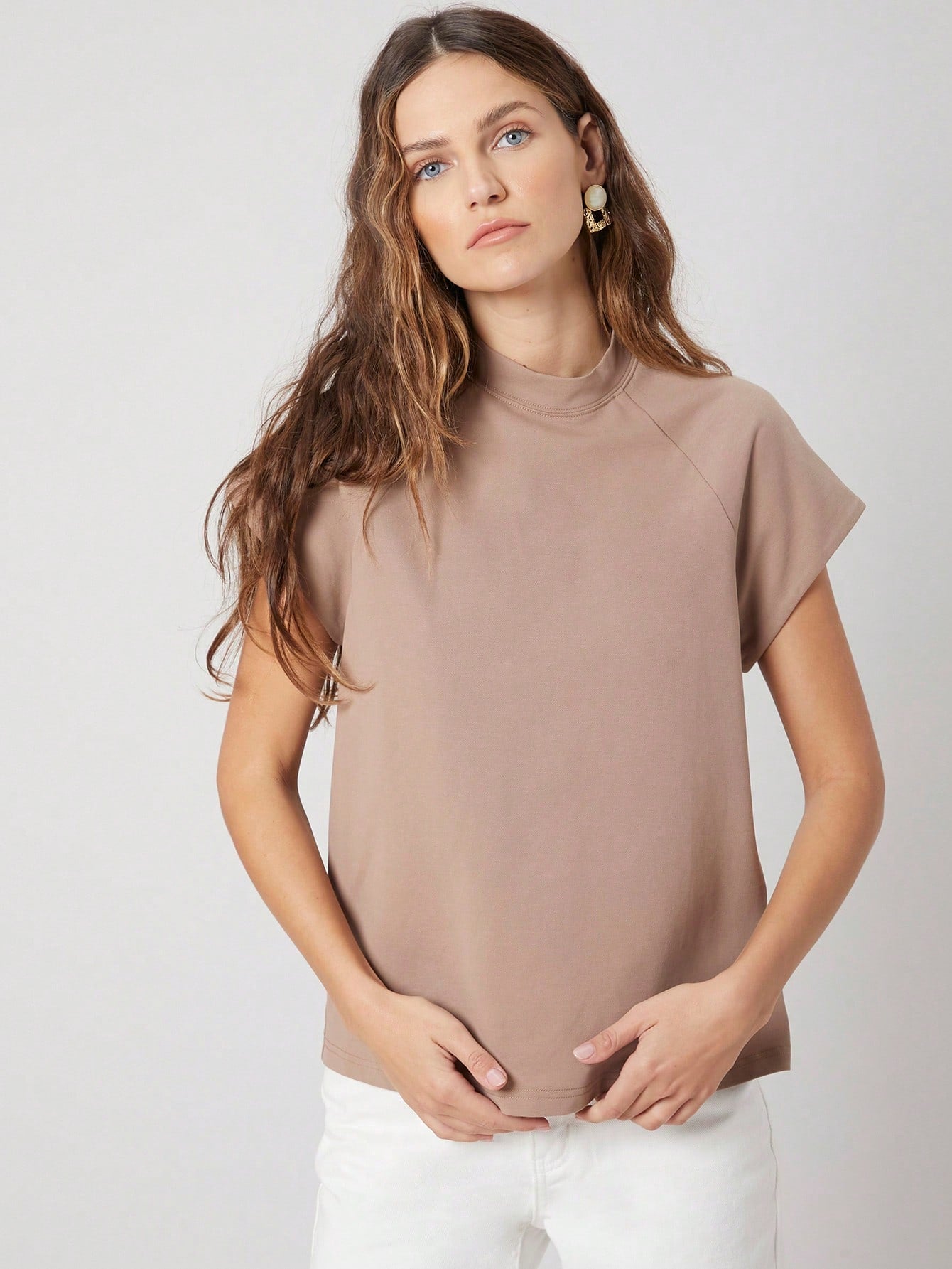 CM-TS420916 Women Casual Seoul Style Stand Collar Raglan Sleeve T-Shirt - Khaki