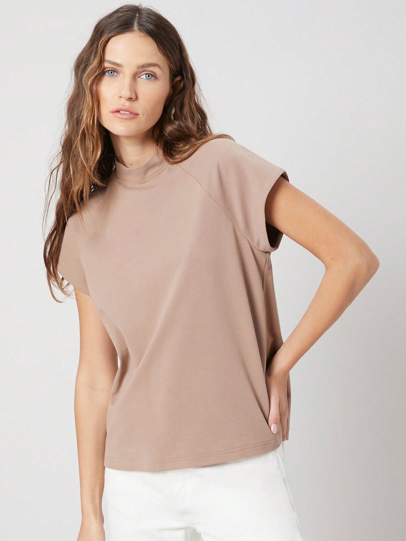 CM-TS420916 Women Casual Seoul Style Stand Collar Raglan Sleeve T-Shirt - Khaki