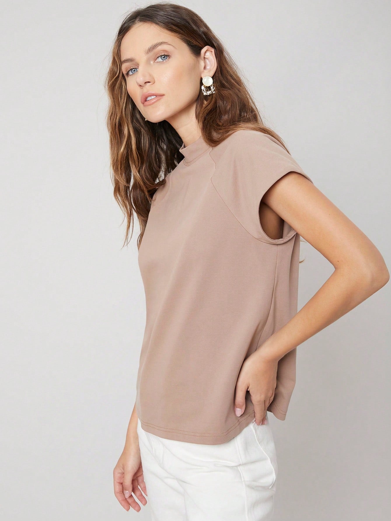 CM-TS420916 Women Casual Seoul Style Stand Collar Raglan Sleeve T-Shirt - Khaki