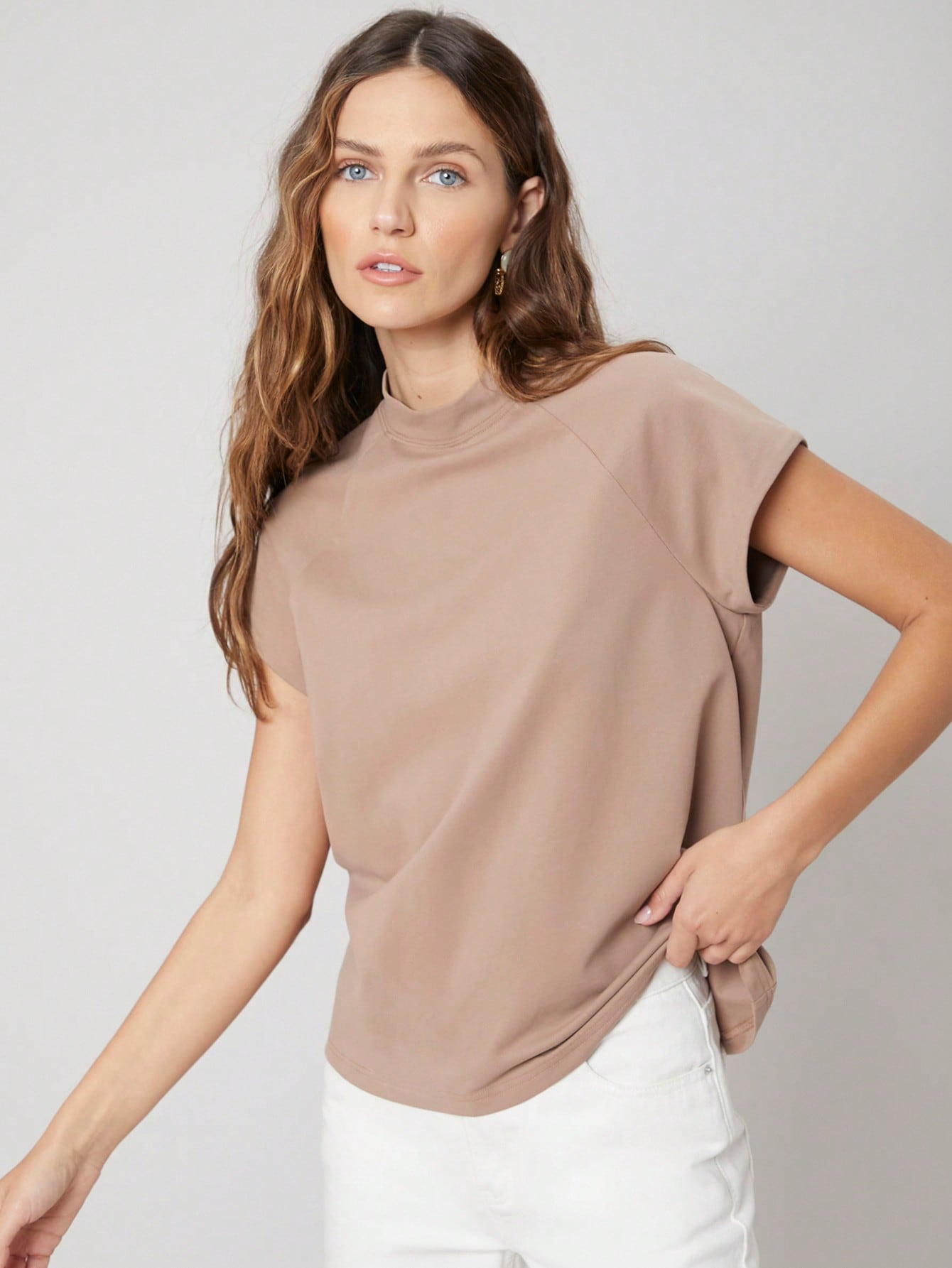 CM-TS420916 Women Casual Seoul Style Stand Collar Raglan Sleeve T-Shirt - Khaki