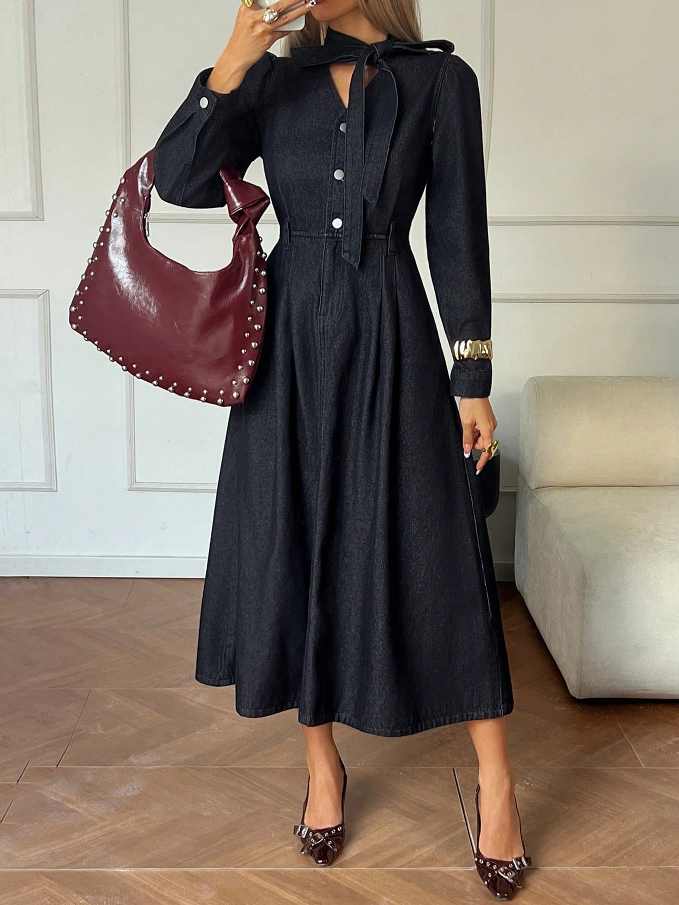CM-DS241470 Women Casual Seoul Style Dark Wash Tie Collar Long Sleeve High Waist A-Line Denim Dress
