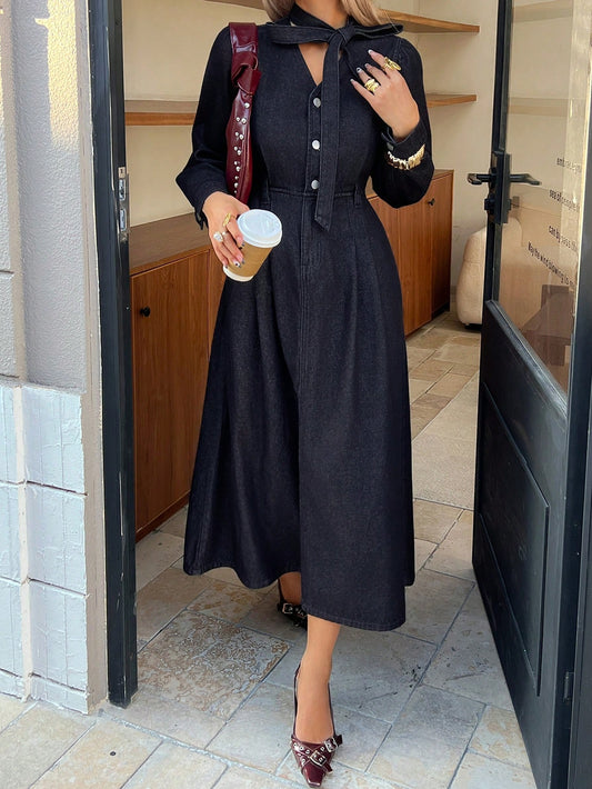 CM-DS241470 Women Casual Seoul Style Dark Wash Tie Collar Long Sleeve High Waist A-Line Denim Dress