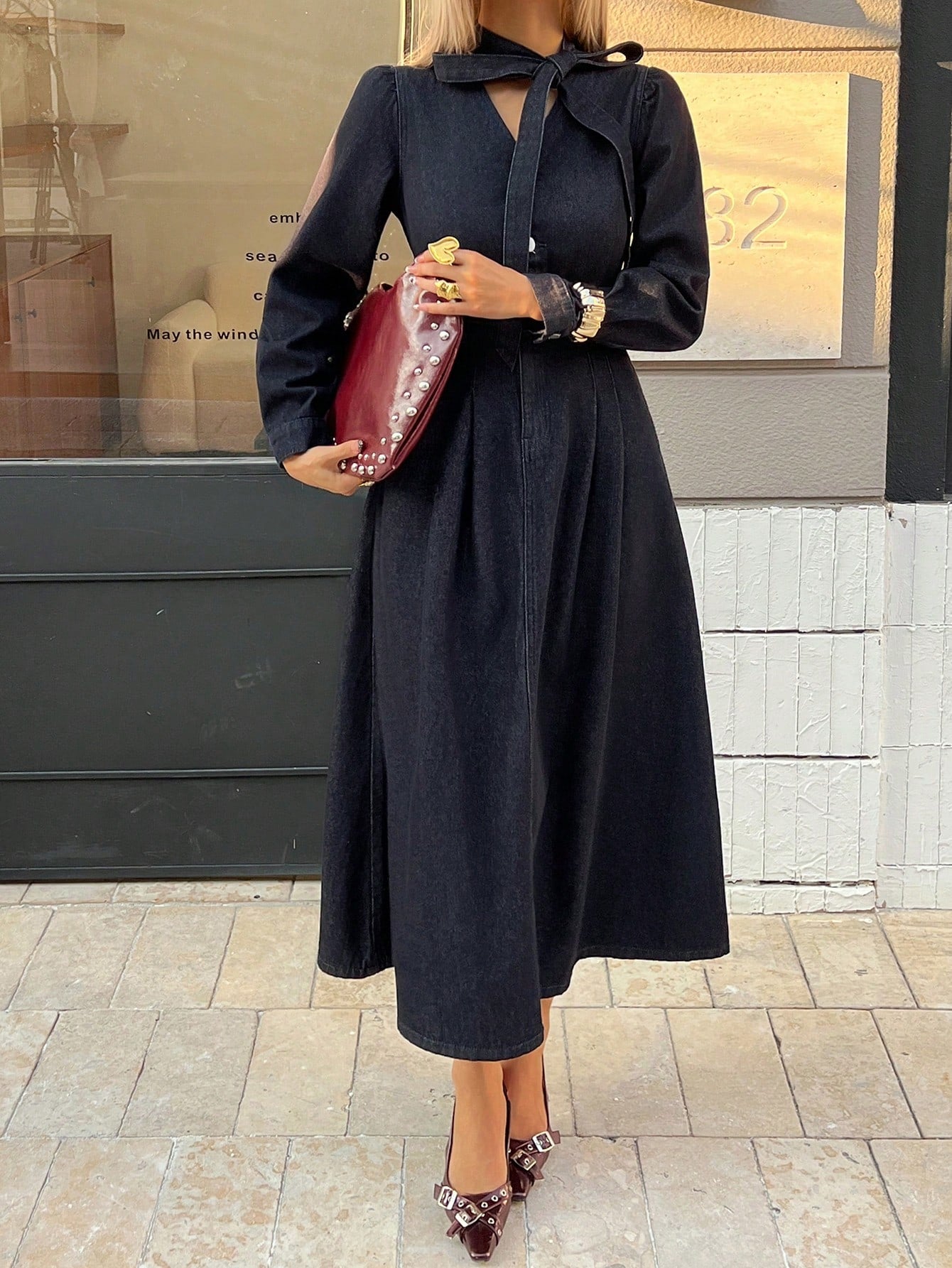 CM-DS241470 Women Casual Seoul Style Dark Wash Tie Collar Long Sleeve High Waist A-Line Denim Dress