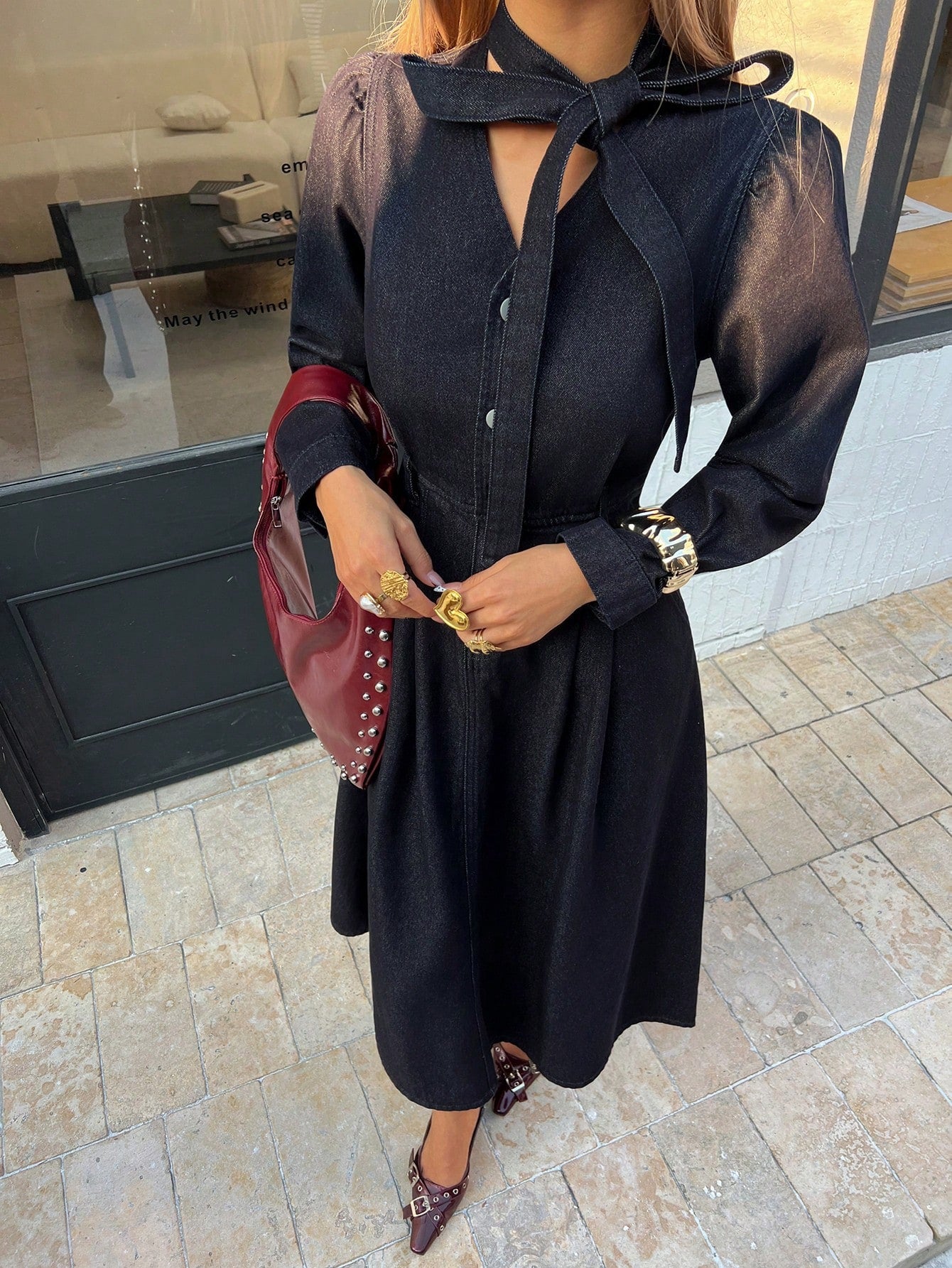 CM-DS241470 Women Casual Seoul Style Dark Wash Tie Collar Long Sleeve High Waist A-Line Denim Dress