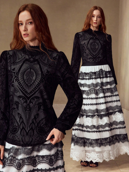 CM-TS881414 Women Elegant Seoul Style Stand Collar Long Sleeve Floral Pattern Velvet Jacquard Hollow Out Top - Black